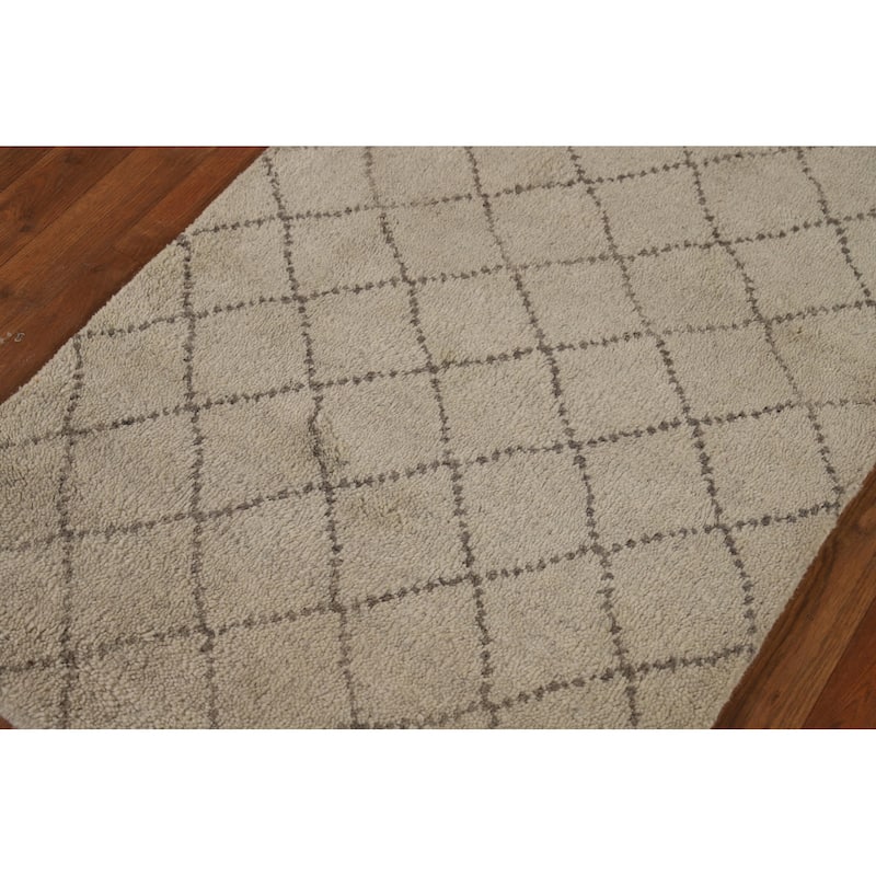 Beige Trellis Moroccan Oriental Runner Rug Handmade Wool Carpet - 2'7" x 7'9"