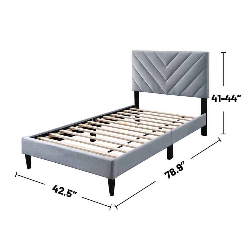 Velvet Upholstered Adjustable Headboard Twin Bed with V-stitching Design