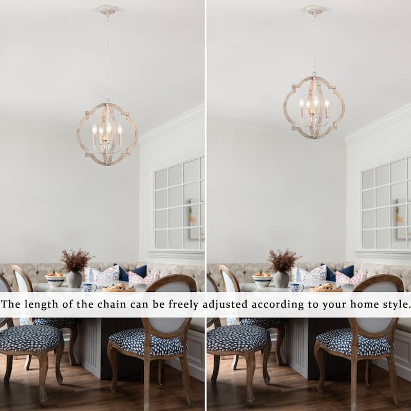 4-Light 16.33"W Wooden Lantern Rustic Chandeliers for Dining Room Kitchen