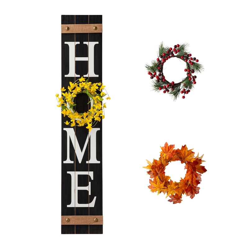 Glitzhome 42"H Porch Sign with 3 Interchangeable Floral Wreaths for Fall Thanksgiving - Black