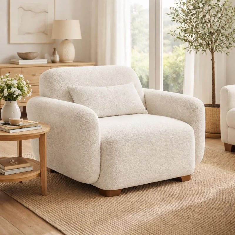 Loem Sofa Chair w Accent Pillow, Box Style Seat, Beige Boucle Fabric