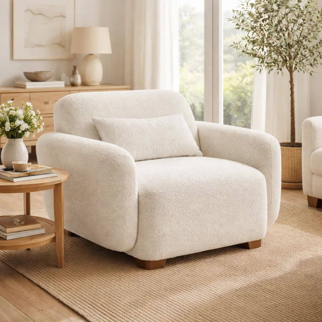 Loem Sofa Chair w Accent Pillow, Box Style Seat, Beige Boucle Fabric