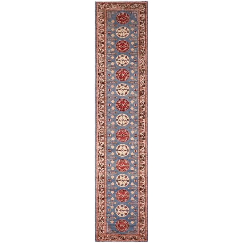Bohemian Kazak Sloane Light Blue/Beige Wool Runner - 2'11'' x 13'6''