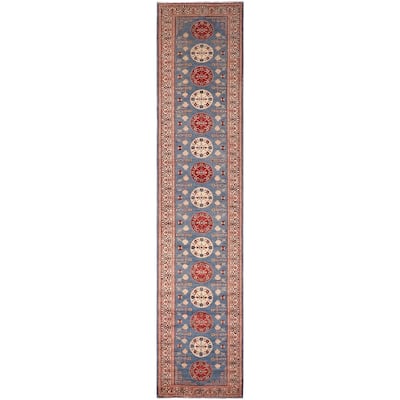 Bohemian Kazak Sloane Light Blue/Beige Wool Runner - 2'11'' x 13'6''