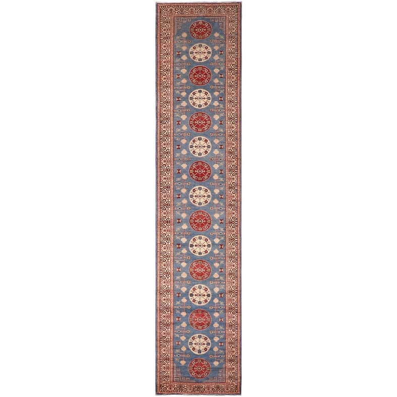 Bohemian Kazak Sloane Light Blue/Beige Wool Runner - 2'11'' x 13'6''