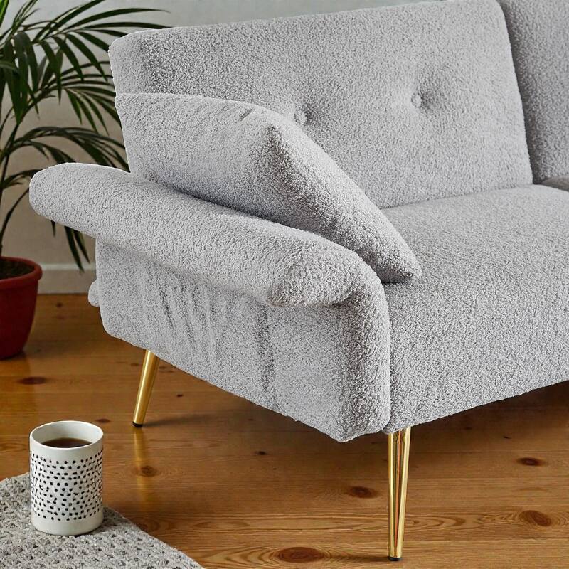 Modern Teddy Loveseat Sofa with Side Pocket, Folding Sleeper Sofa Bed with Adjustable Backrest and Golden Metal Legs