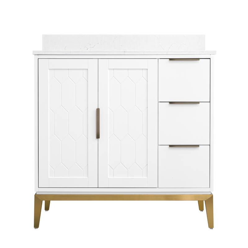 35''H Solid Wood Bath Vanity with Stain-resistant Carrera White Quartz Top and Sink