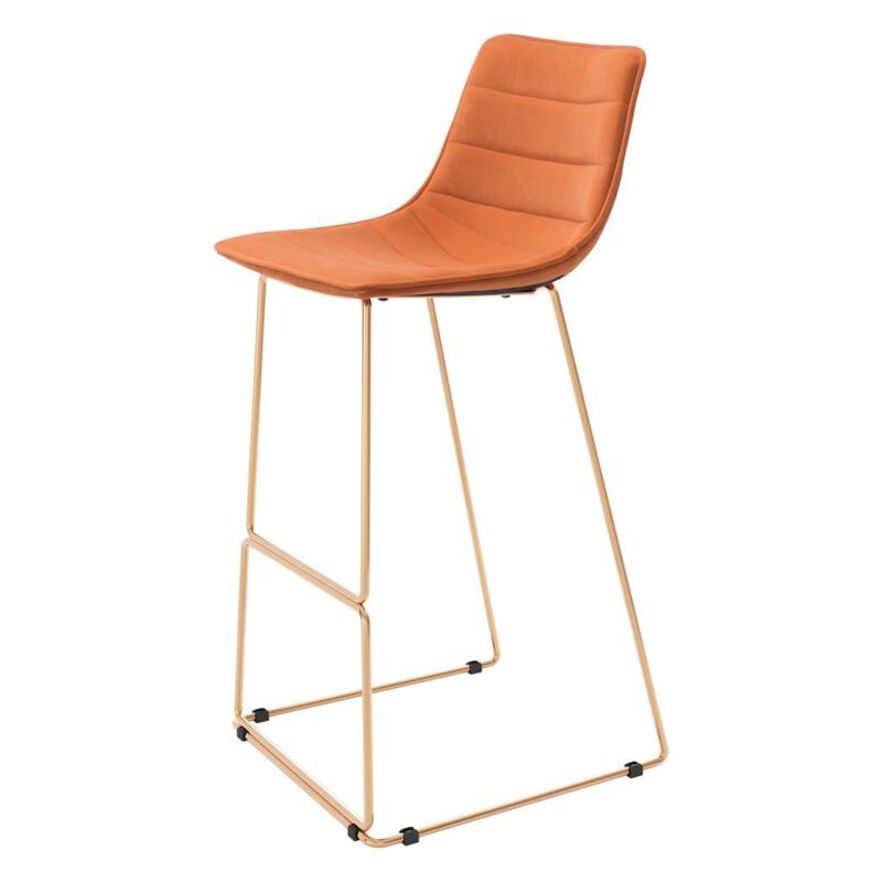 Set of 2 Orange Velvet Bar Height Chairs Modern Gold Frame Stools with Footrest and Backrest - 40.2”H x 18.5”W x 19.5”D