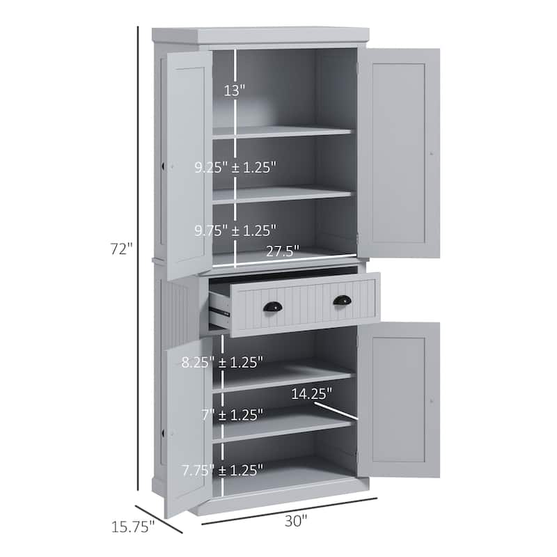 72" Kitchen Pantry Storage Cabinet, Traditional Freestanding Cabinet with 4 Doors and 3 Adjustable Shelves