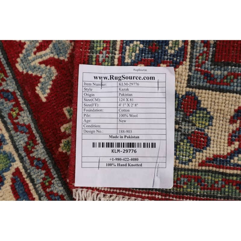 Traditional Red Kazak Oriental Accent Rug Handmade Wool Carpet - 2'8" x 4'1"
