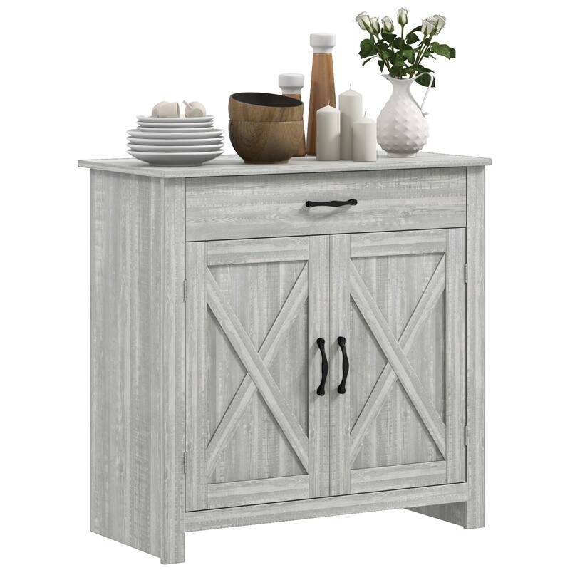 Farmhouse Sideboard Buffet Cabinet, Barn Door Coffee Bar Cabinet with Drawer and Adjustable Shelf - Stone Gray