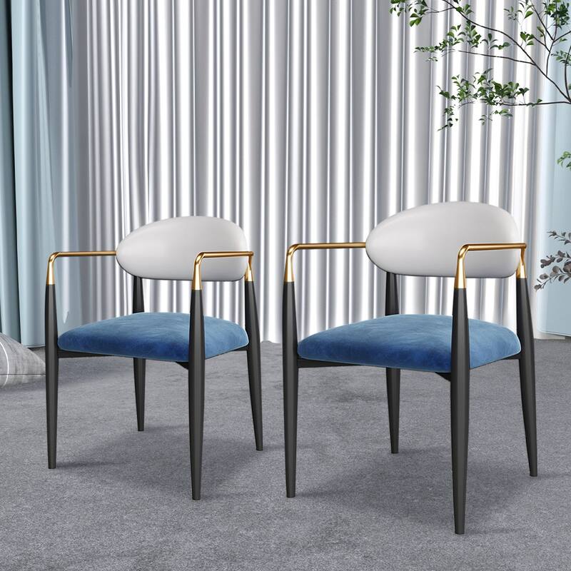 Modern Dining Chairs with Velvet Accent, Arm Chairs with PU Leather Back Pull and Metal Leg - Set of 2 - White