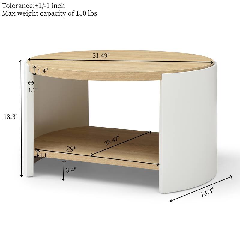 31" x 31" Round Coffee Table - 2-Tier Wood Desktop with Storage Shelf