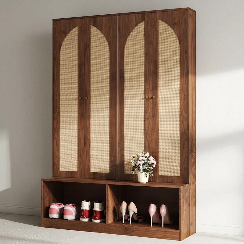 Farmhouse Hall Tree with 4 Rattan Doors, 6 Hooks & Bench, Mid-Century Entryway Organizer with Adjustable Shelves - Walnut