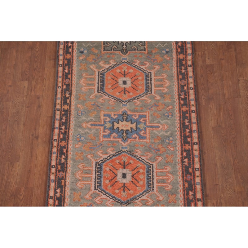 Geometric Kazak Runner Rug Handmade Grey Wool Carpet - 2'6"x 9'10"