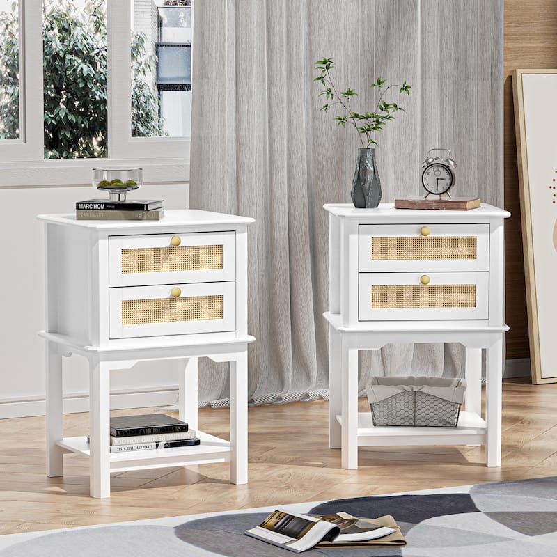 Modern 27.95"H Tall 2-Drawer White Nightstand Wood Rattan Side End Table for Bedroom with Storage Shelf