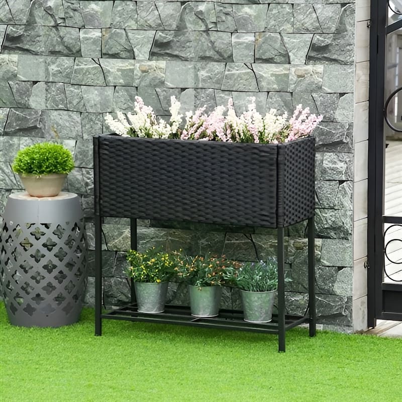 Rattan Steel Elevated Raised Planter Box with Storage Shelf - 27.5" L x 11.75" W x 27.5" H