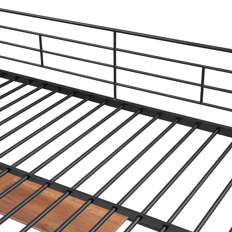 Full Size Metal Loft Bed with Desk and Metal Grid, Stylish Metal Frame Bed with Lateral Storage Ladder and Wardrobe