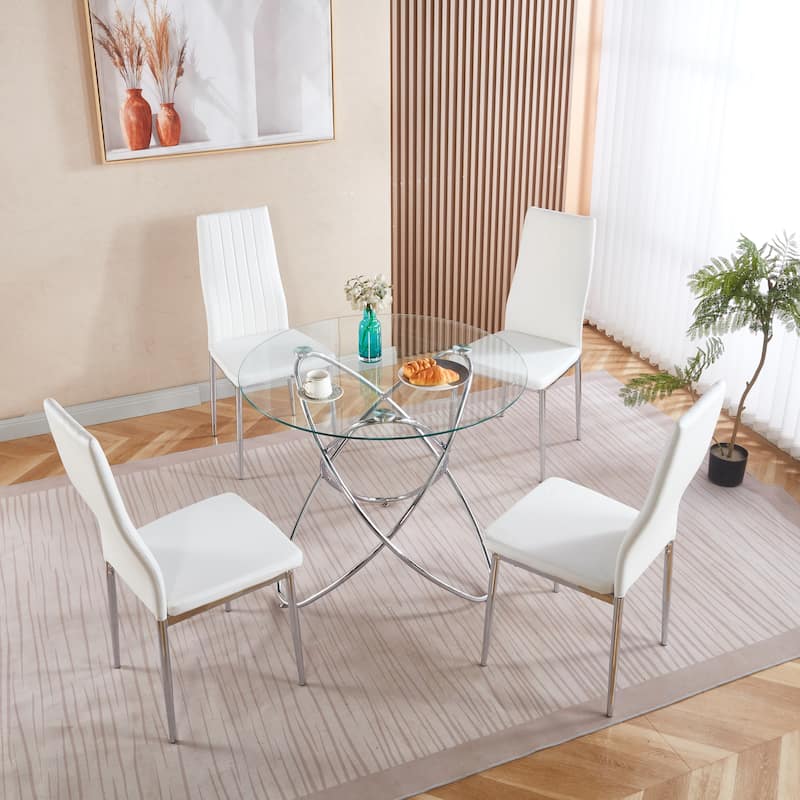 Dining Table With Chrome Metal Leg And Tempered Glass,Kitchen Table For Living Room,Metal Legs