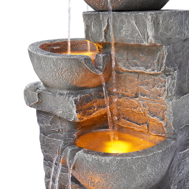 Teamson Home 3-Tier Stacked Stone Outdoor Water Fountain with LED Lights
