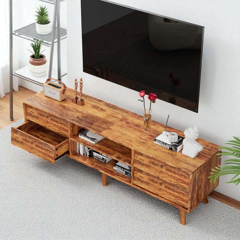 63" Vintage-Style TV Stand with Beveled Design, Media Console with 4 Drawers & 2 Shelves, Solid Wood Legs