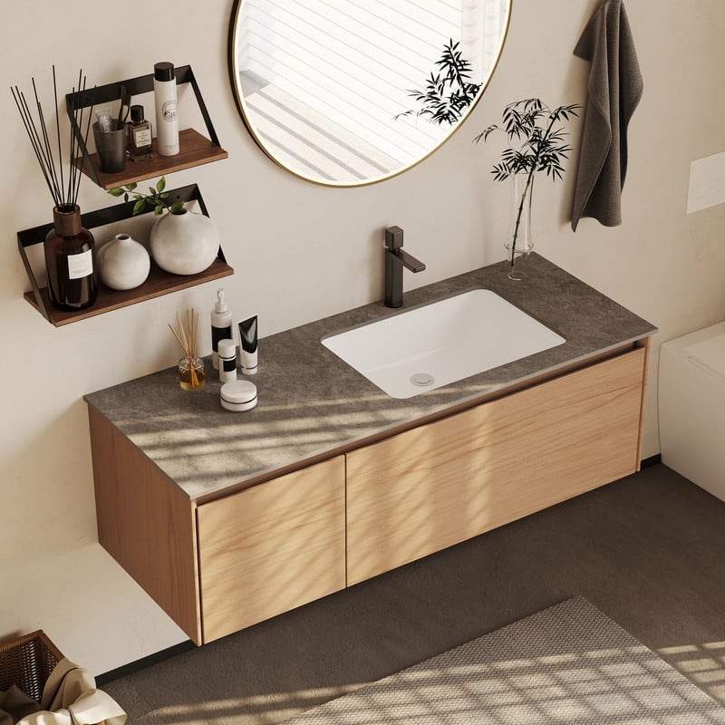 47.24 Single Bathroom Vanity, Modern, Gray Stone Stop, Light Solid Wood