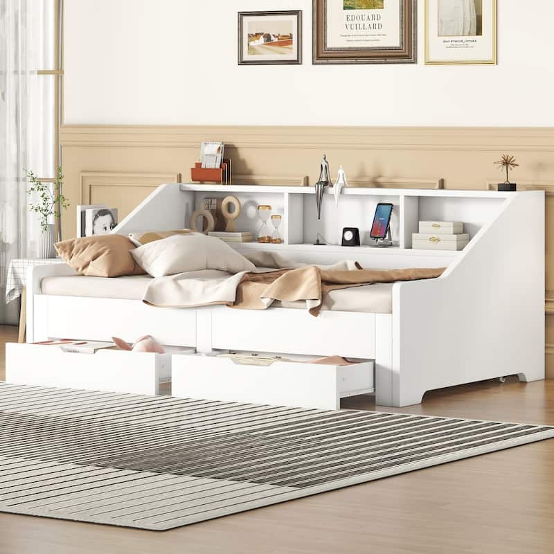 Daybed Frame with Storage Bookcases, 2 Drawers & Charging Design