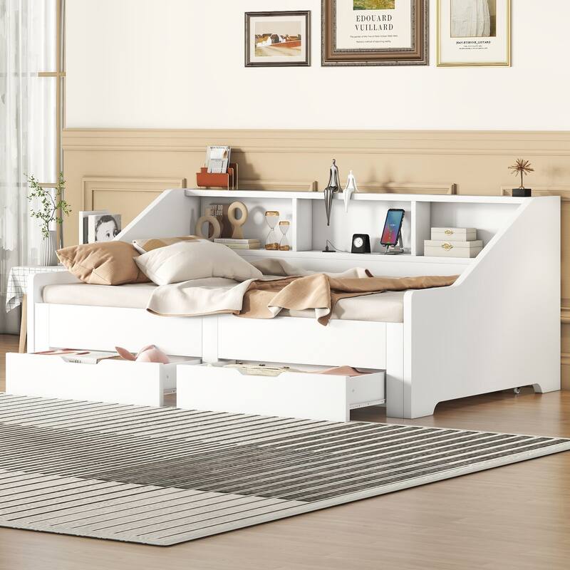 Roomfitters Twin to King Daybed Frame with Storage Bookcases, Charging Station and Pull-Out Design
