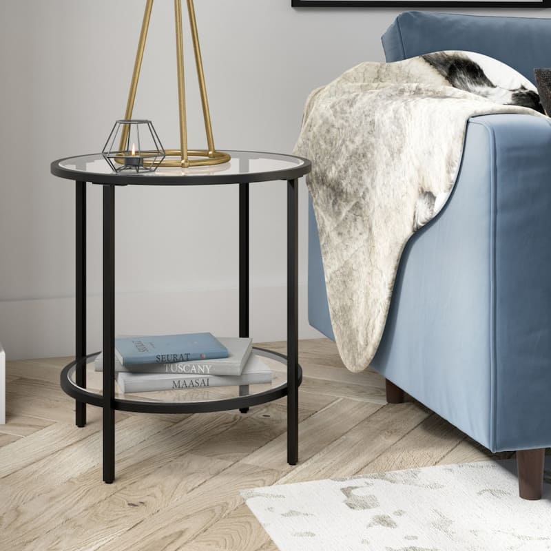 Clear Glass Round End Table with Steel Base and Storage Shelf - 20” x 20” x 22” (D x W x H)