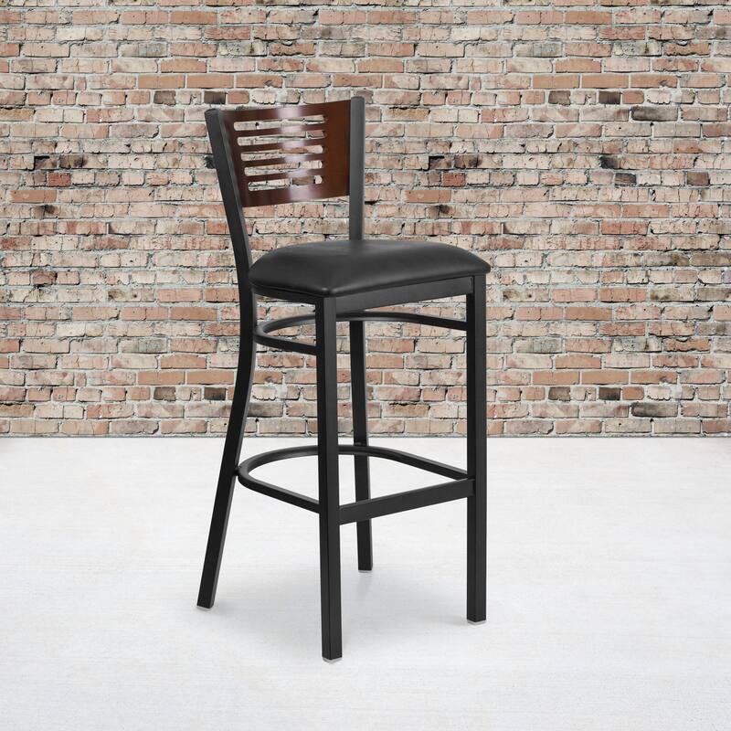 2 Pk. Hercules Series Decorative Slat Back Metal Restaurant Barstool - 19.75"W x 20"D x 43"H - 19.75"W x 20"D x 43"H - Walnut Wood Back/Black Vinyl Seat