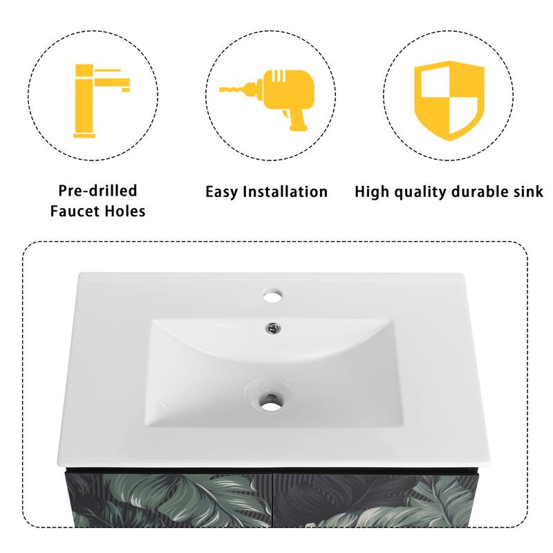 30" Floating Wall-Mounted Bathroom Vanity with Soft-Close Door Hinges, Ceramic Sink & Ample Storage