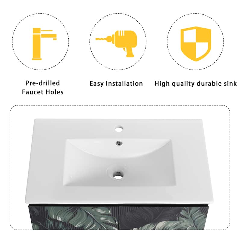 Modern 30'' Wall-Mounted Vanity with Ceramic Sink & Triple Soft-Close Cabinet Doors