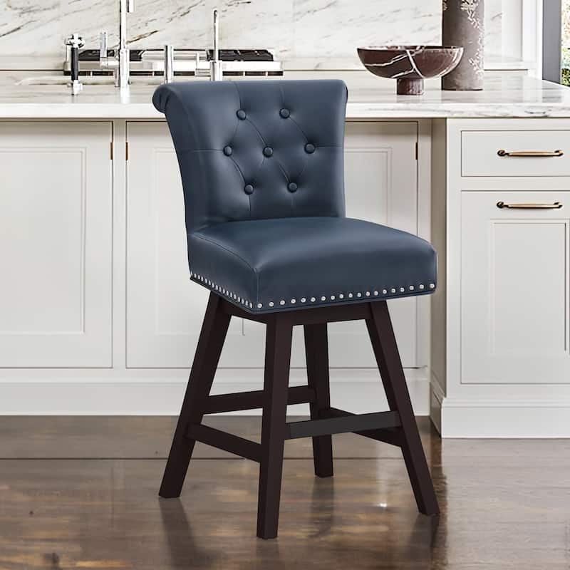 26 in. Bar Stool Counter Height Barstool 360° Swivel with Curved Backrest Armless Stool - Dark Blue/Faux Leather - Counter Height