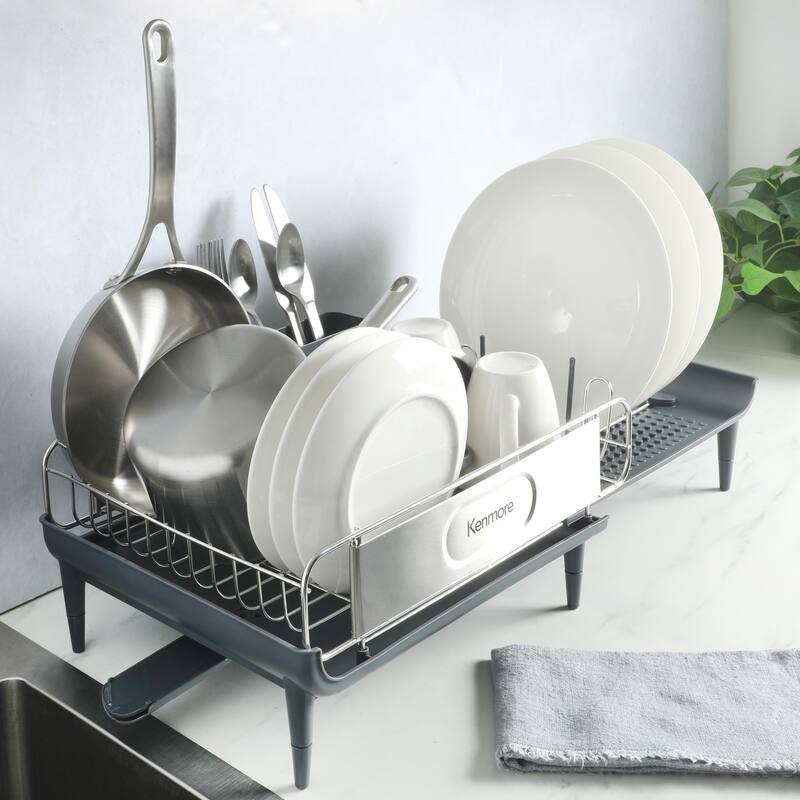 Kenmore Loxdell Expandable Full Size Rust Resistant Dish Rack with Drain Board and Flatware Caddy