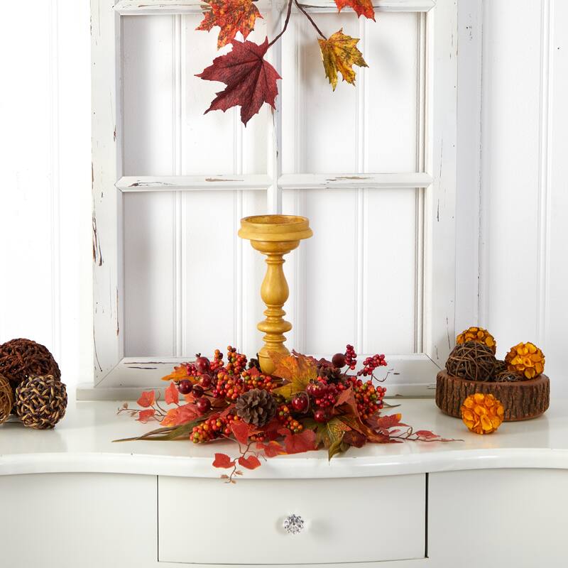 15” Maple Leaves Berries Fall Artificial Candelabrum Arrangement