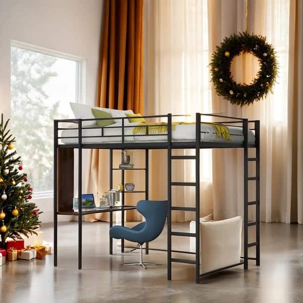 slide 2 of 16, Full Size Metal Loft Bed with 2 Shelves and one Desk,Space-Saving Design Sturdy Metal Loft Bed,Black Black
