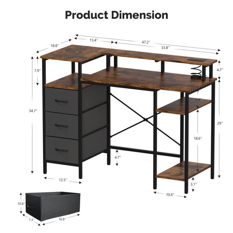 47'' Computer Gaming Office Desk with Charging Station , Storage Drawers, Versatile Writing Work Desk for Home Office Study