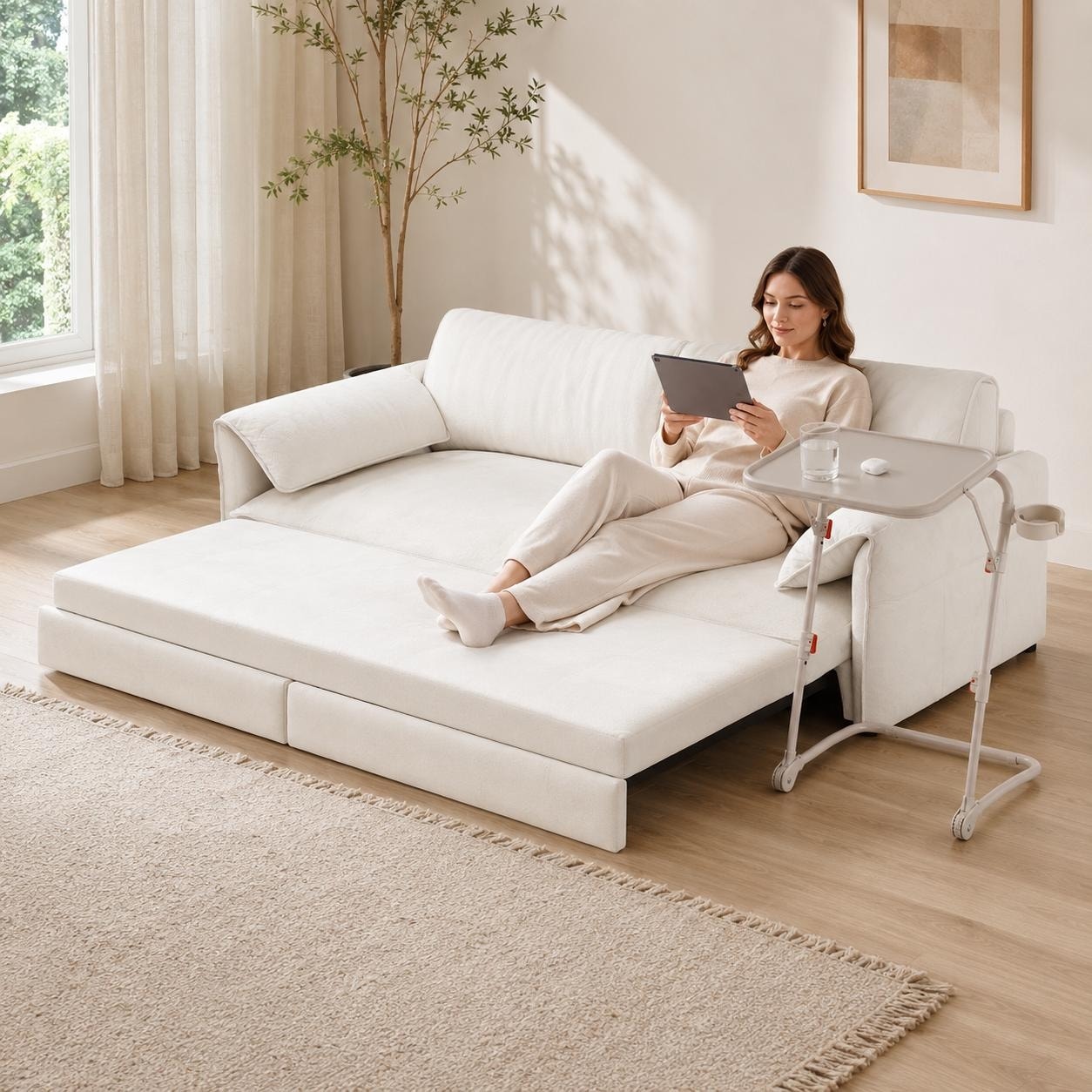 Homy Casa 66" Pull Out Sofa Bed with Folding Table, 3-in-1 Velvet Sleeper Couch Set for Small Spaces