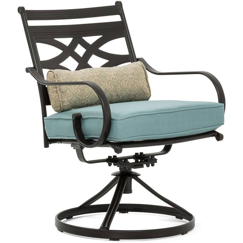 Hanover Montclair 7-Piece Dining Set in Ocean Blue with 6 Swivel Rockers, 40-In. x 66-In. Dining Table and 9-Ft. Umbrella