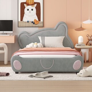 Full Size Velvet Platform Bed with Bear Headboard and Built-In Footboard Storage Pocket, Soft Upholstered Frame