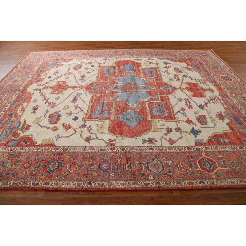 Hand Knotted Oriental 100% Wool Carpet Traditional Medallion Beige & Ivories Heriz (serapi) Area Rug - 11' 10'' X 9' 2''