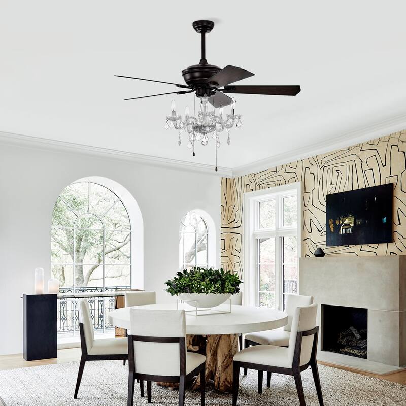 2-in-1 Ceiling Fan with Crystal Chandelier & 3-Speed Reversible Motor, Dual Finish Blades, Timer Function