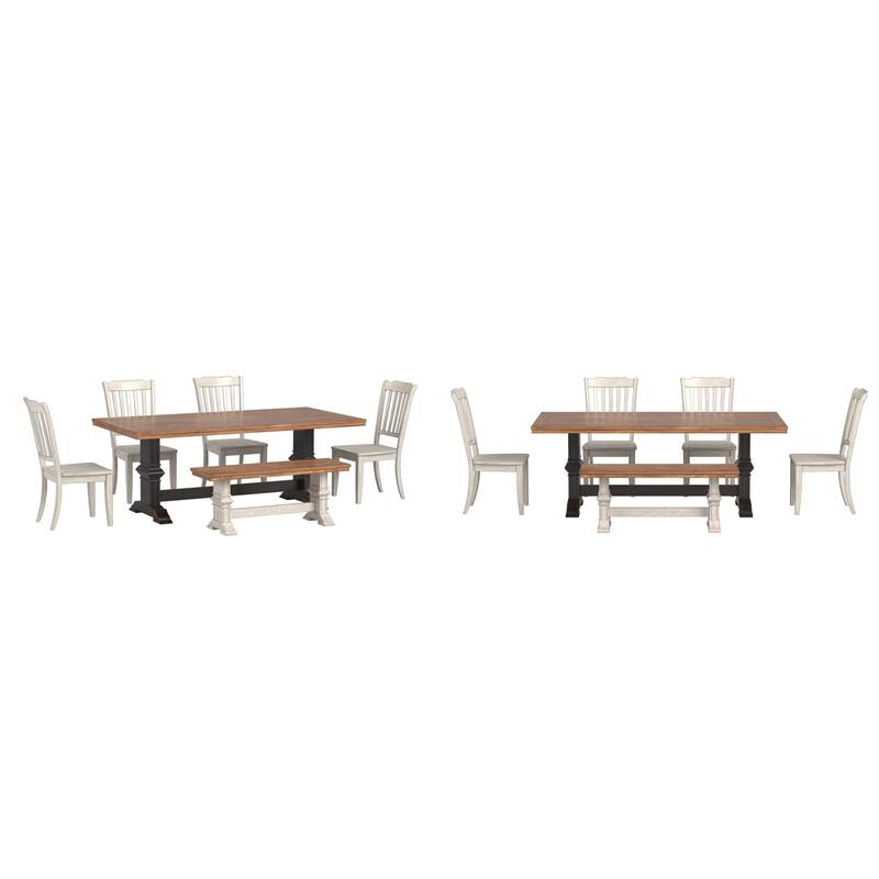 Ronda 78" Rectangular Solid Wood Top Dining Set with Spindle Back Chairs - Antique Black Table - Antique White Chairs and Bench