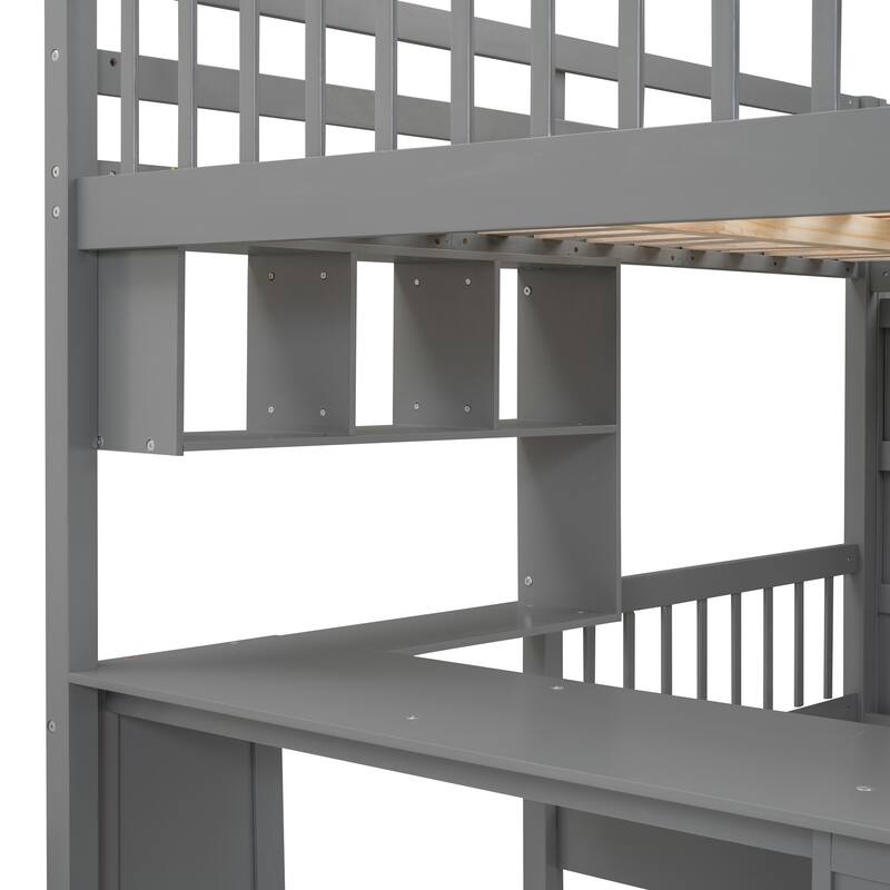 Full Over Twin Bunk Bed with Desk, Drawers, and Shelves in Gray