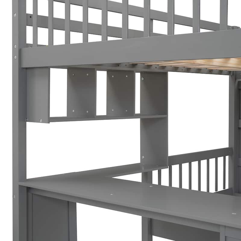 Full over Twin Size Solid Wood Bunk Bed with Desk, Drawers and Shelves
