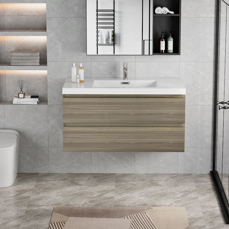 42"Bathroom Vanity with Sink,Modern Wall-Mounted Bathroom Storage Vanity Cabinet with Resin Top Basin and Soft Close Drawers - Grey