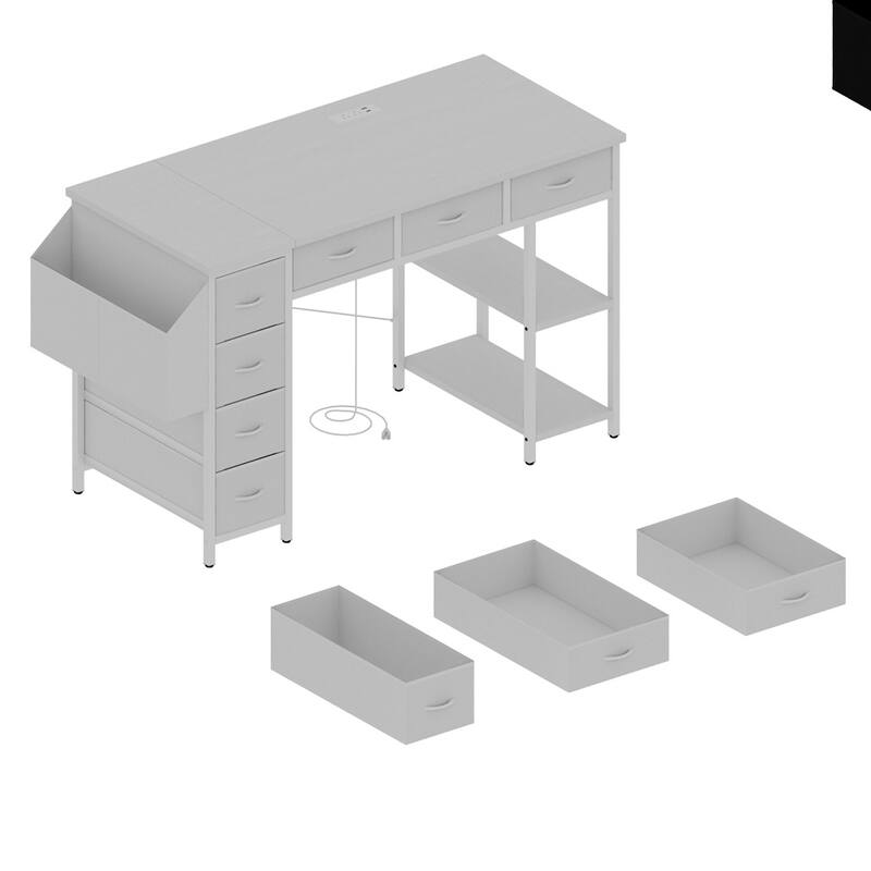 Computer Desk with Power Outlets 7 Fabric Drawers Large Side Pocket Reversible Storage Small Vanity Desk 47inch Office