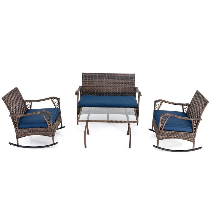 4 PCS Wicker Rocking Set w/ Coffee Table Heavy-Duty Metal Frame - Mix Brown+Navy