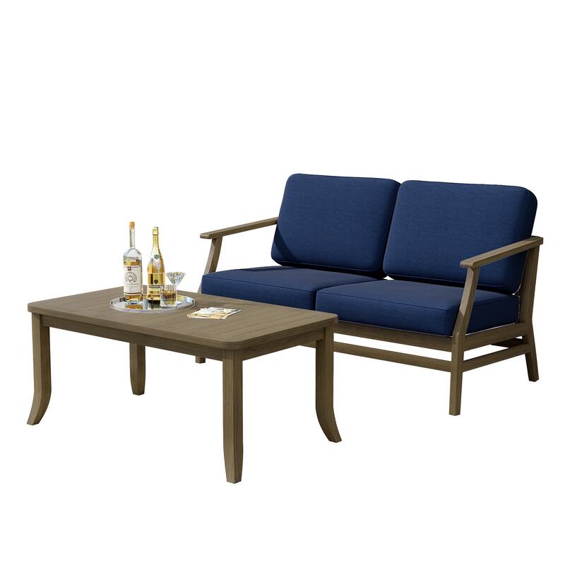 Outdoor Loveseat Sofa with Coffee Table Teak Wood Patio Furniture