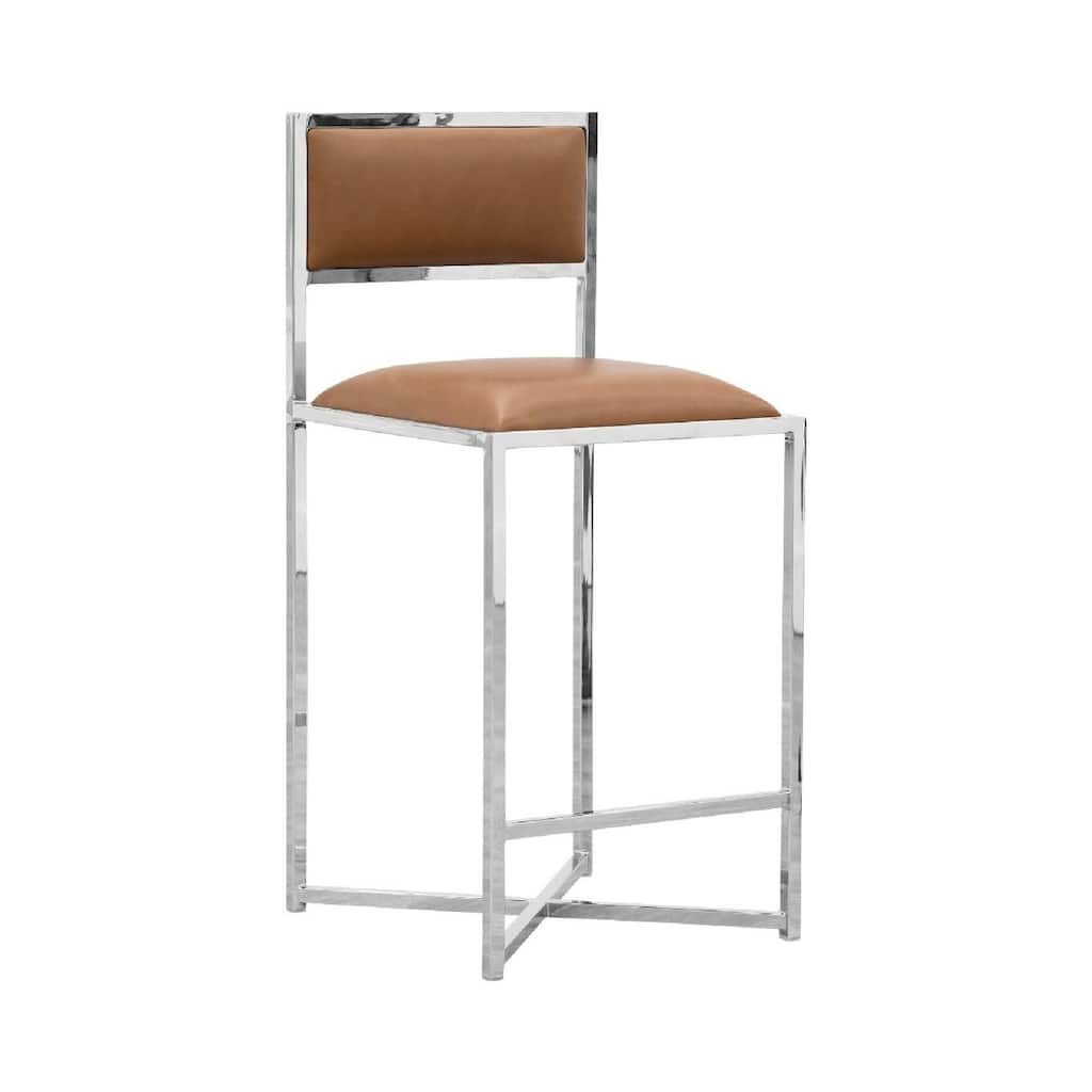 Eun 26 Inch Faux Leather Counter Stool, Chrome Base, Set of 2, Brown